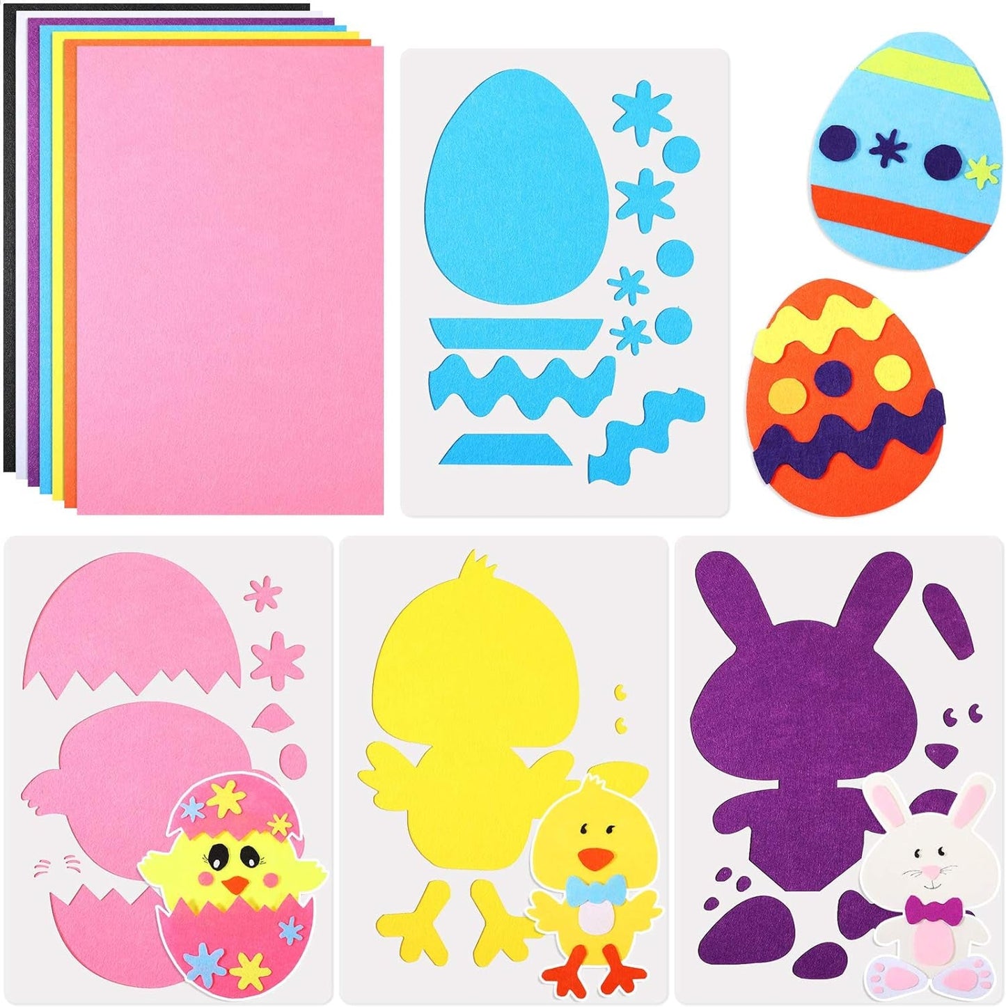 Easter DIY Felt Craft Set, 21 Pieces Felt Fabric Sheets Colorful Felt Craft Sheet and 4 Pieces Shaped Templates for Kids, Create Easter Egg Easter Bunnies Easter Chicks for Child Arts & Crafts Craft Kits Felt Kits Toys & Games