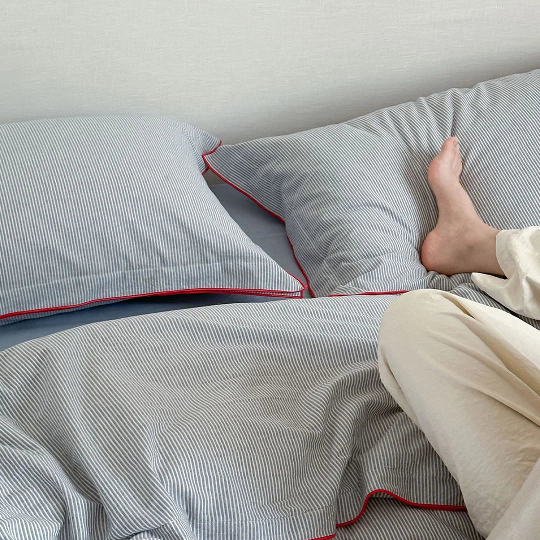 Soft Ruffle Pinstripe Washed Cotton Bedding Set