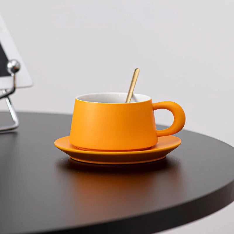 Matte Ceramic Chunky Handle Coffee Cup & Saucer Set