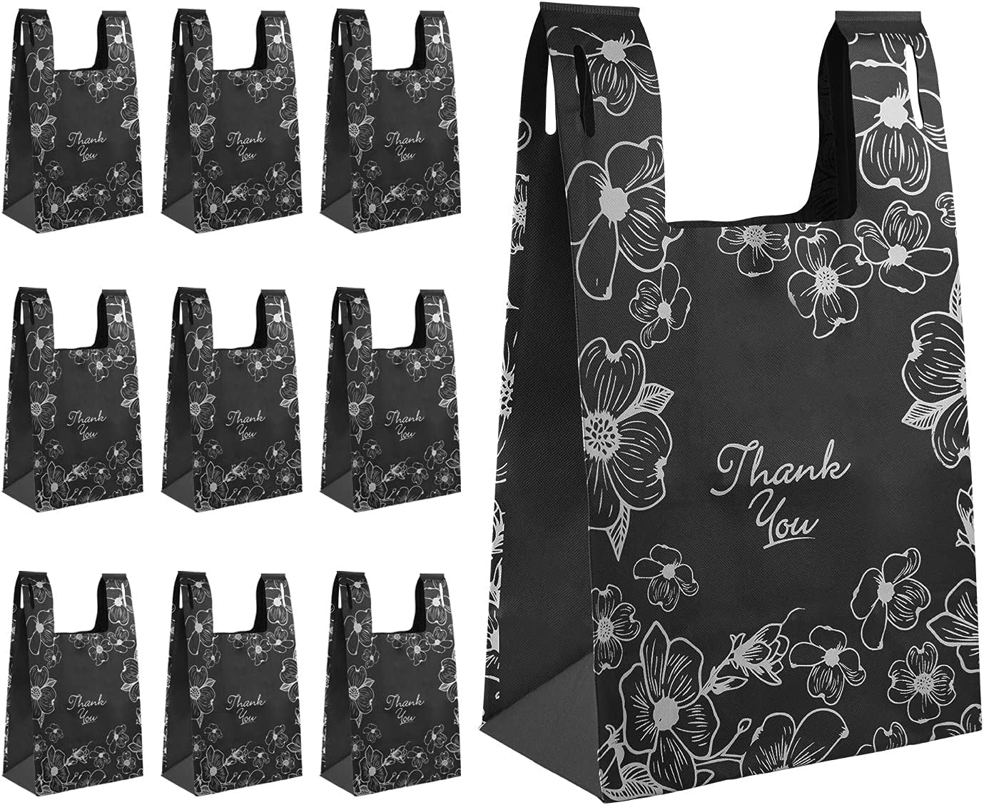 Rebagme Set of 10 Reusable Grocery Bags- Large Reusable Grocery Shopping Bags Totes with Slits for Grocery Store Racks (10 Pk, Black - Thank You) Home & Kitchen Kitchen & Dining Luggage & Bags Reusable Grocery Bags Shopping Totes Storage & Organization Travel & To-Go Food Containers