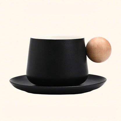 Frosted Ceramic Mug and Saucer with Wooden Ball Handle