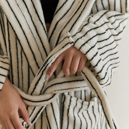 Plush Striped Long-Staple Cotton Hooded Robe