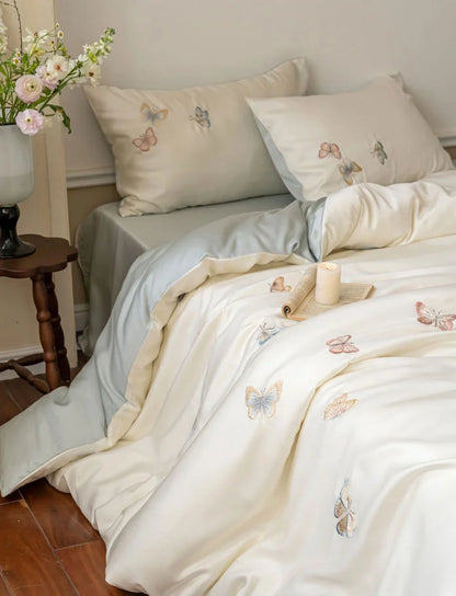 Silky Butterfly Embroidered Tencel Bedding Set