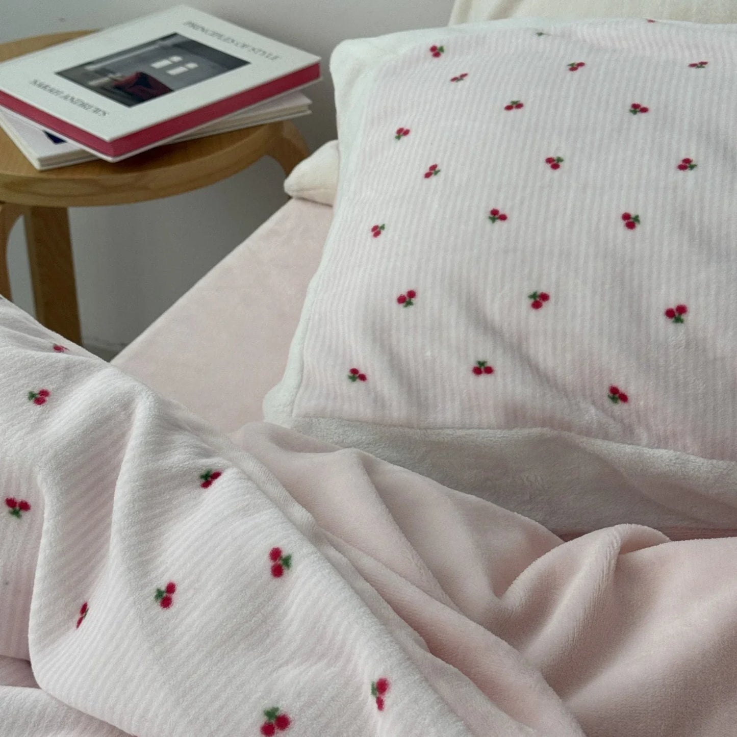 Plush Embroidered Cherry Flannel Fleece Bedding Set