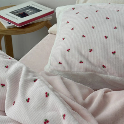 Plush Embroidered Cherry Flannel Fleece Bedding Set