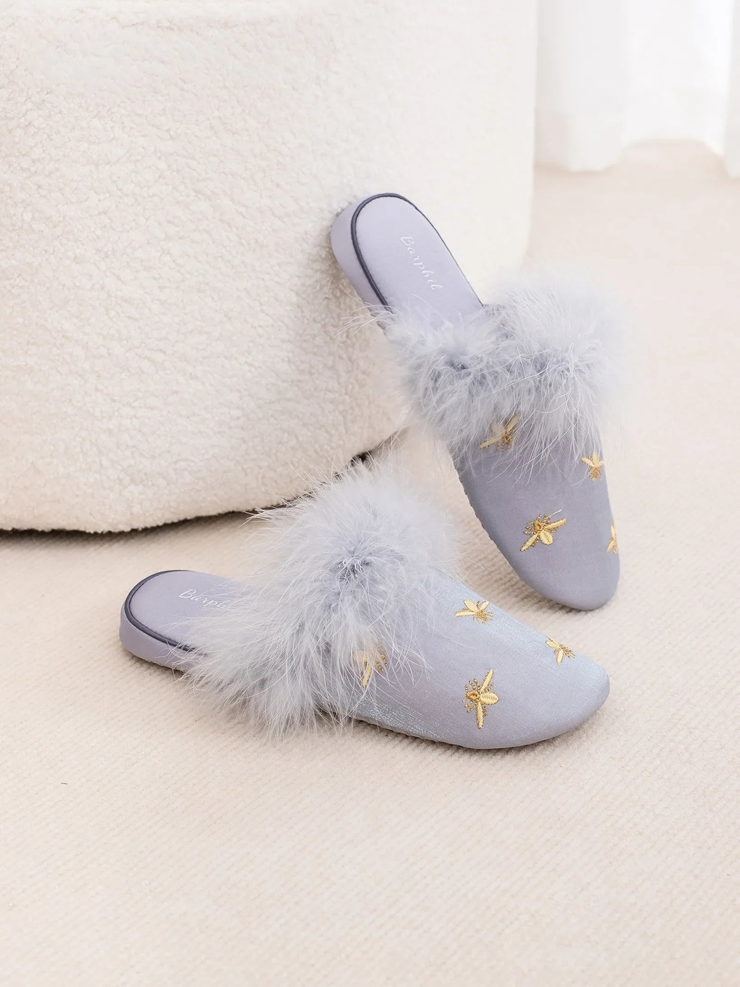 Fluffy Embroidered Bee Satin House Slippers
