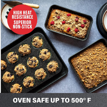 Granite Stone Pro 5 Piece Bakeware Set, 0.8MM Gauge, Durable Nonstick Surface, Oven Safe 550°F with No Warping, Dishwasher Safe, Cookie Sheet, Muffin Pan, Loaf Pan & round Pan and XL Rectangular Tray