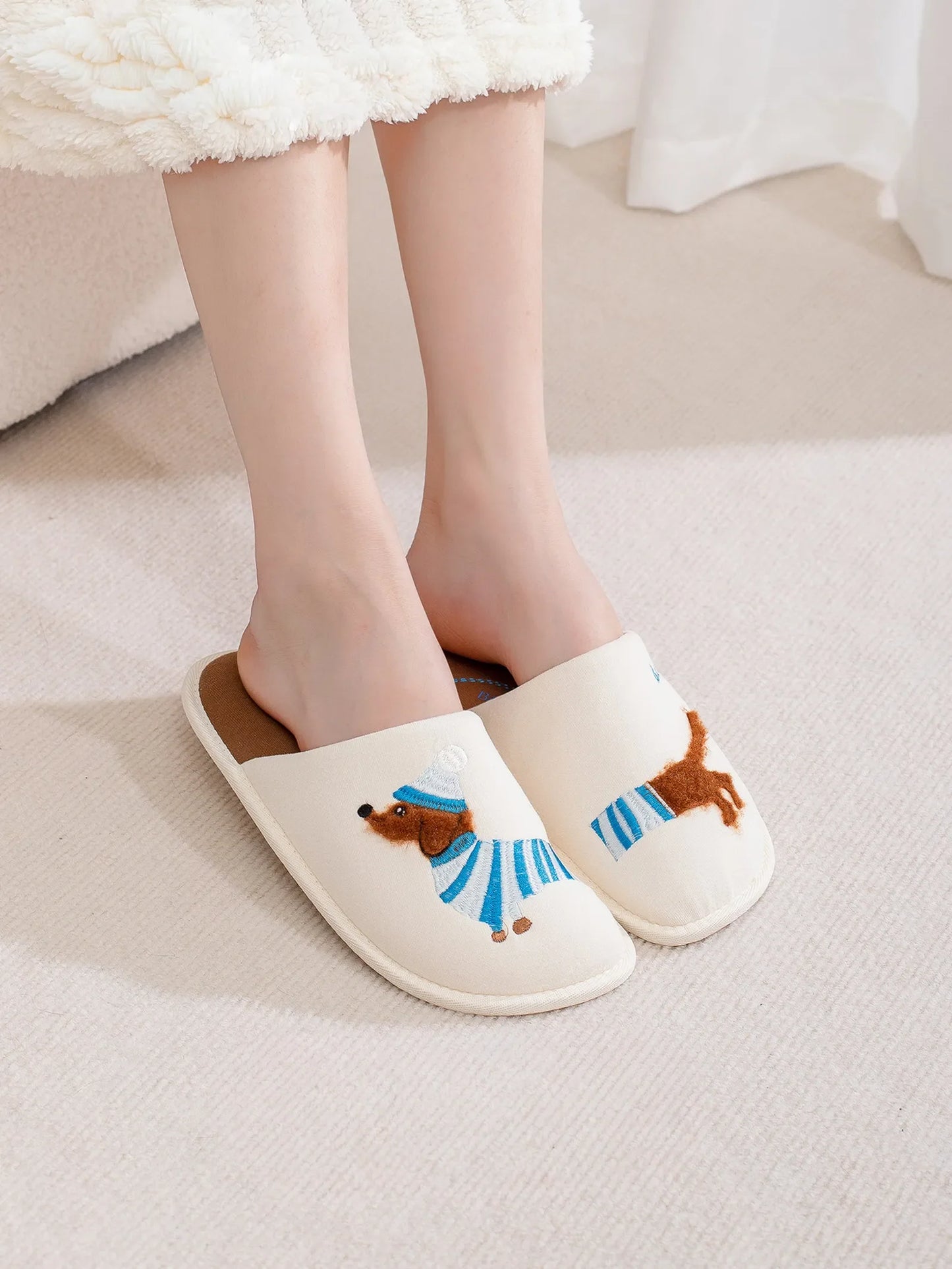 Plush Embroidered Dachshund Slides Polyester House Slippers