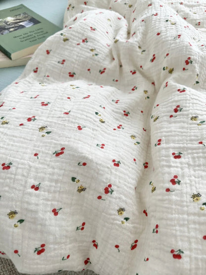 Textured Cherry & Bee Print Washed Cotton Bedding Set