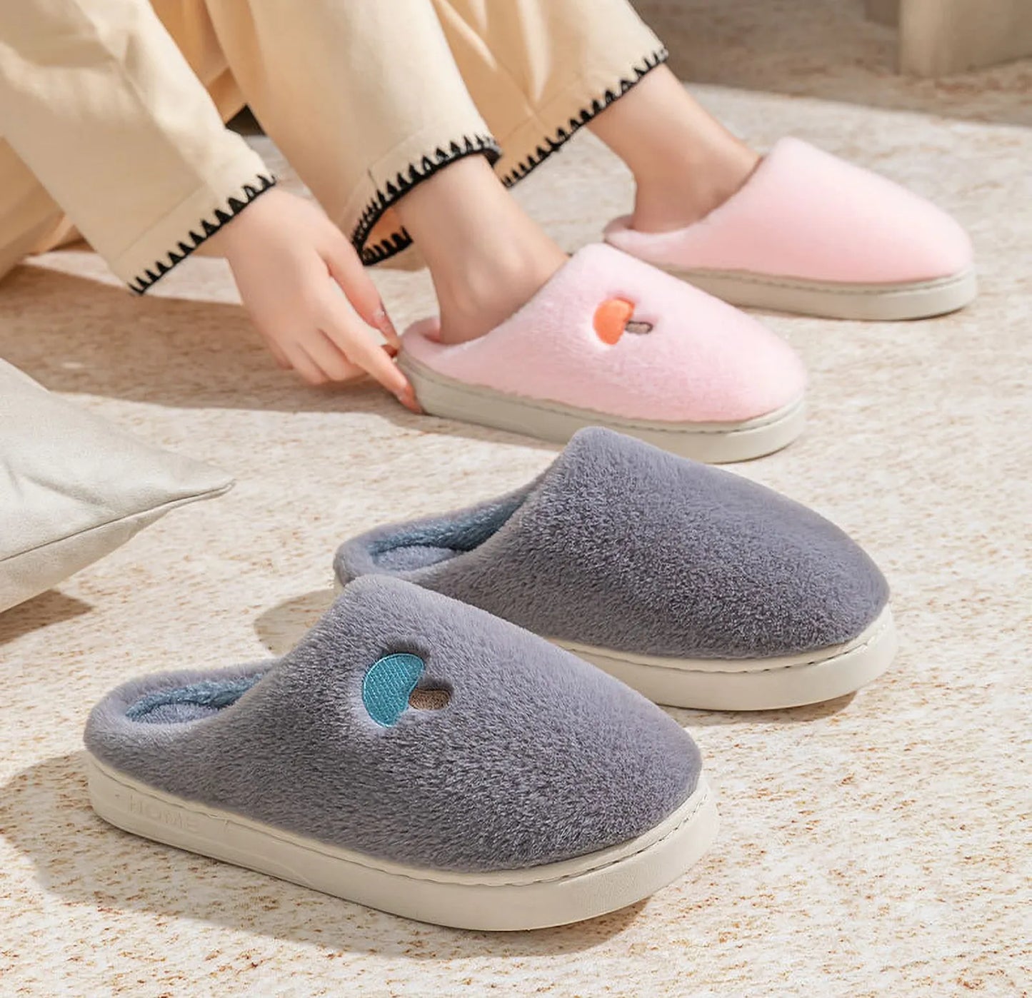 Plush Mushroom Embroidered Fleece House Slippers