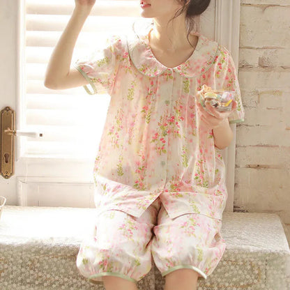 Soft Ruched Floral Washed Cotton Pajama Set