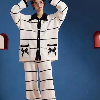 Plush Striped Fleece Pajama Set with Bow Detail