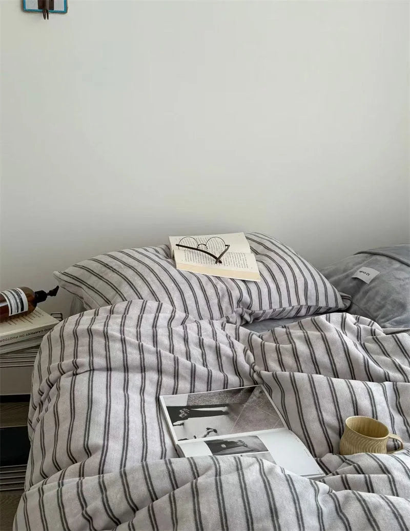 Plush Pinstripe Flannel Fleece Bedding Set