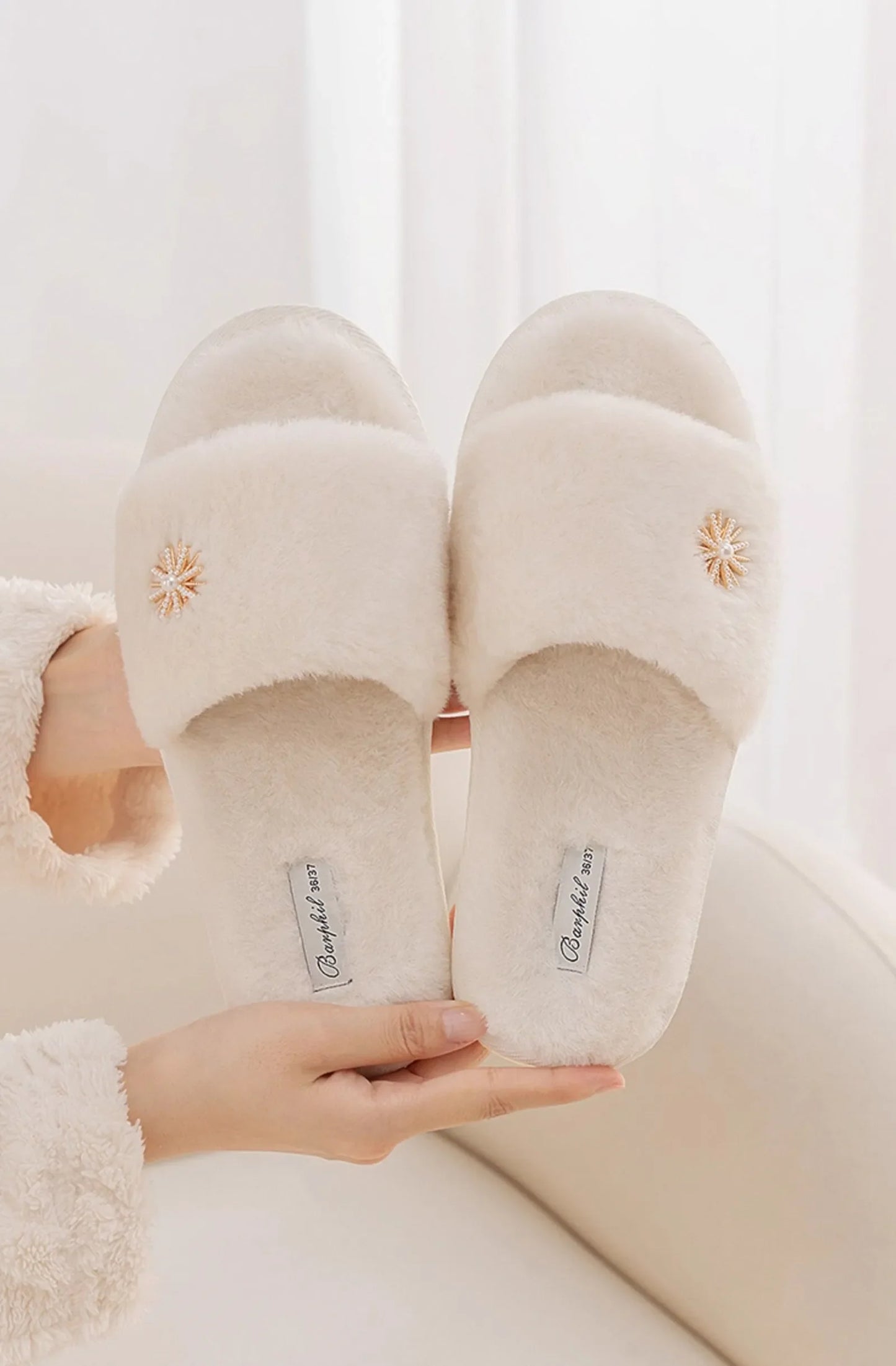 Plush Jeweled Flower Faux Fur House Slippers