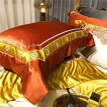 Daniella Gold Damask Embroidered Satin Egyptian Cotton Bedding Set