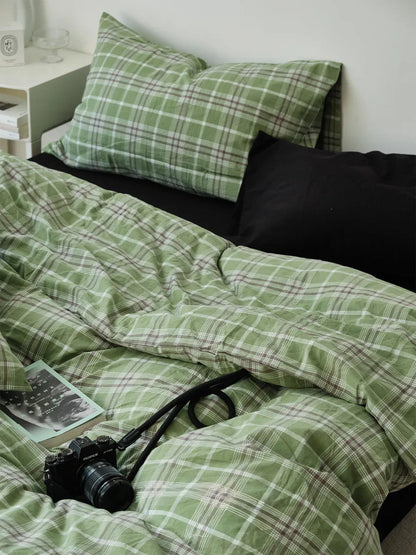 Soft Matcha Green Plaid Cotton Bedding Set