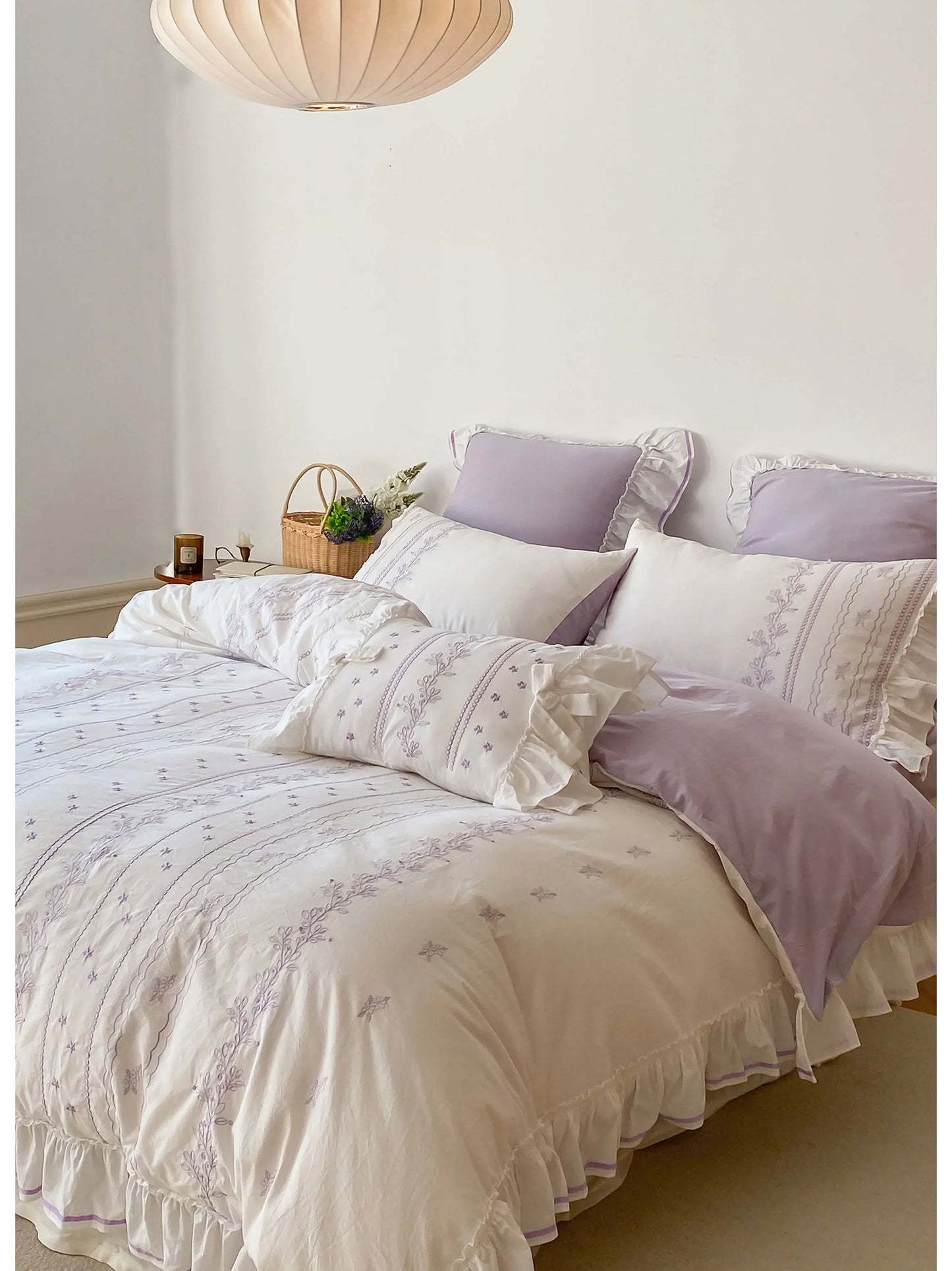 Ruffled Floral Vine Embroidered Cotton Bedding Set