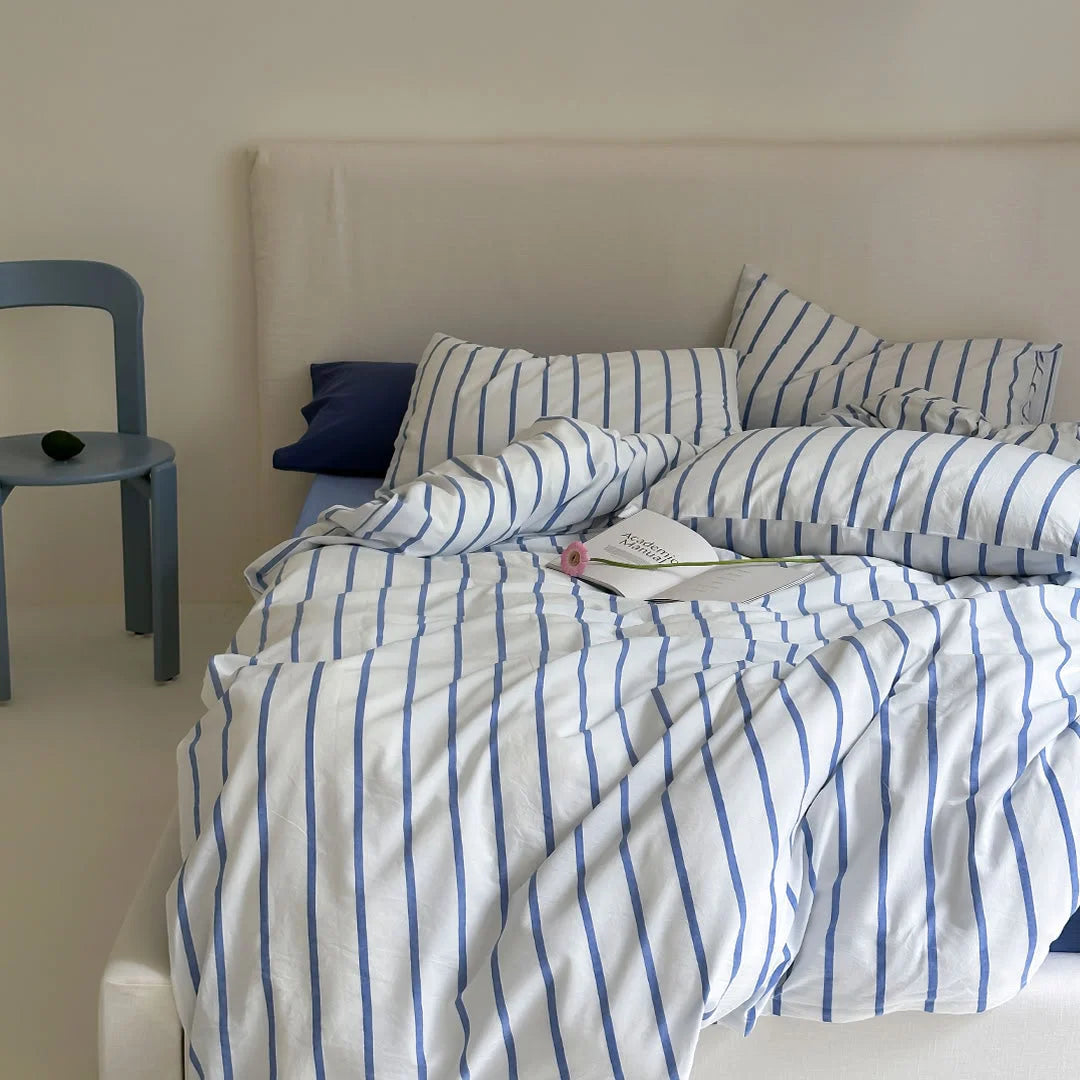 Crisp Blue & White Striped Washed Cotton Bedding Set