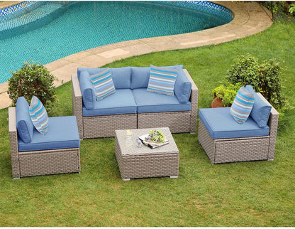 COSIEST 6-Piece Outdoor Furniture Set Brown Wicker Sectional Sofa W Thick off White Cushions, Glass Coffee Table, 2 Ottomans for Garden, Pool, Backyard Conversation Sets Lawn & Garden Patio Patio Furniture & Accessories Patio Furniture Sets