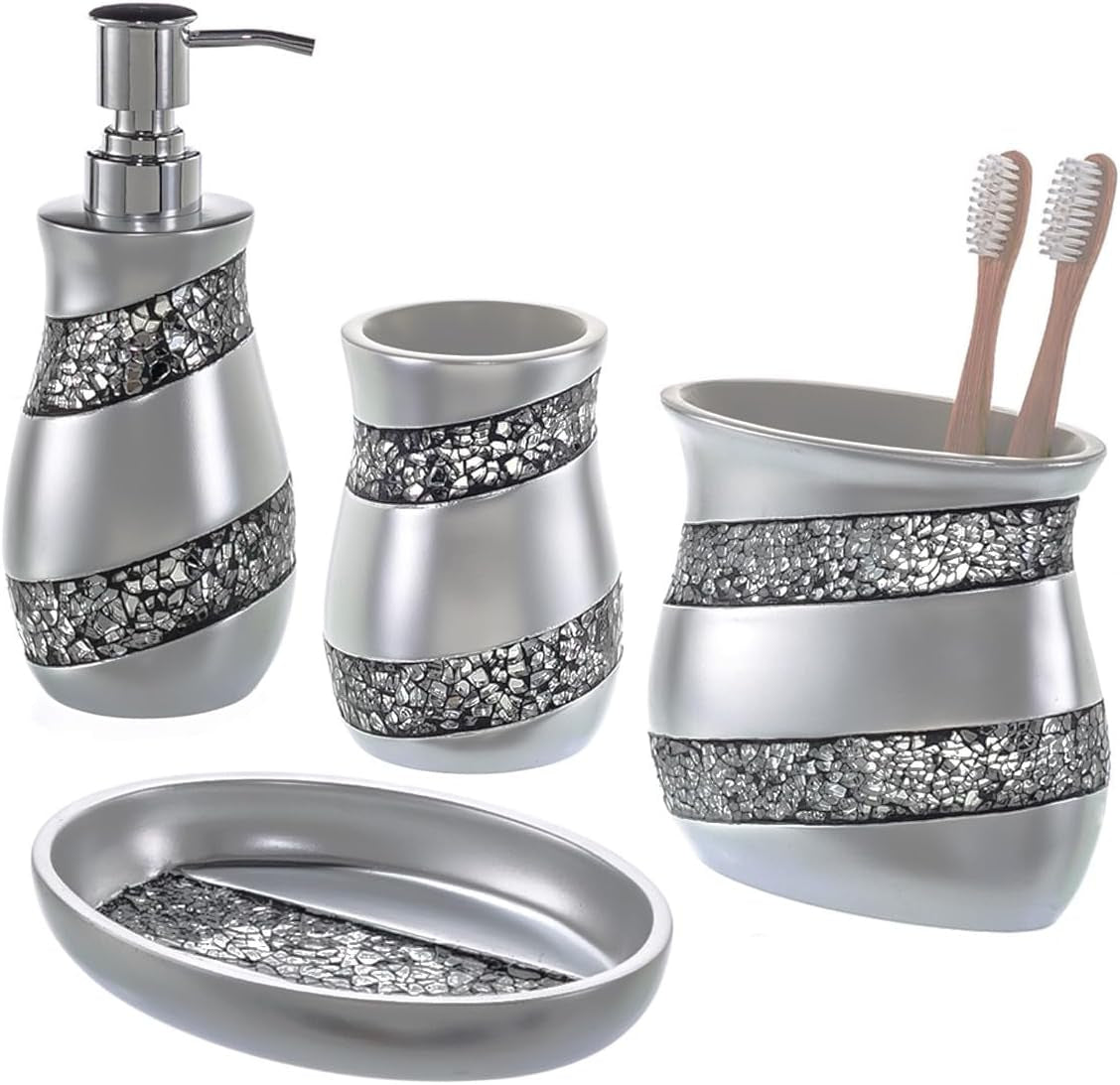 Creative Scents Bathroom Accessory Set - White and Gray Bathroom Décor Set - 4 Piece Decorative Bathroom Set Includes: Soap Dispenser, Soap Dish, Toothbrush Holder and Tumbler (Mirror Damask) Bath Bathroom Accessories Bathroom Accessory Sets Home & Kitchen