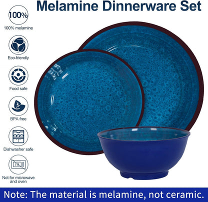 Blue Melamine Dinnerware Sets for 4, Plastic Plates and Bowls Set for 12Pcs, Lightweight Unbreakable Suitable for Indoor/Outdoor Camping Dish Sets， Dishwasher Safe (Blue) Dining & Entertaining Dinnerware Dinnerware & Serveware Home & Kitchen Kitchen & Dining