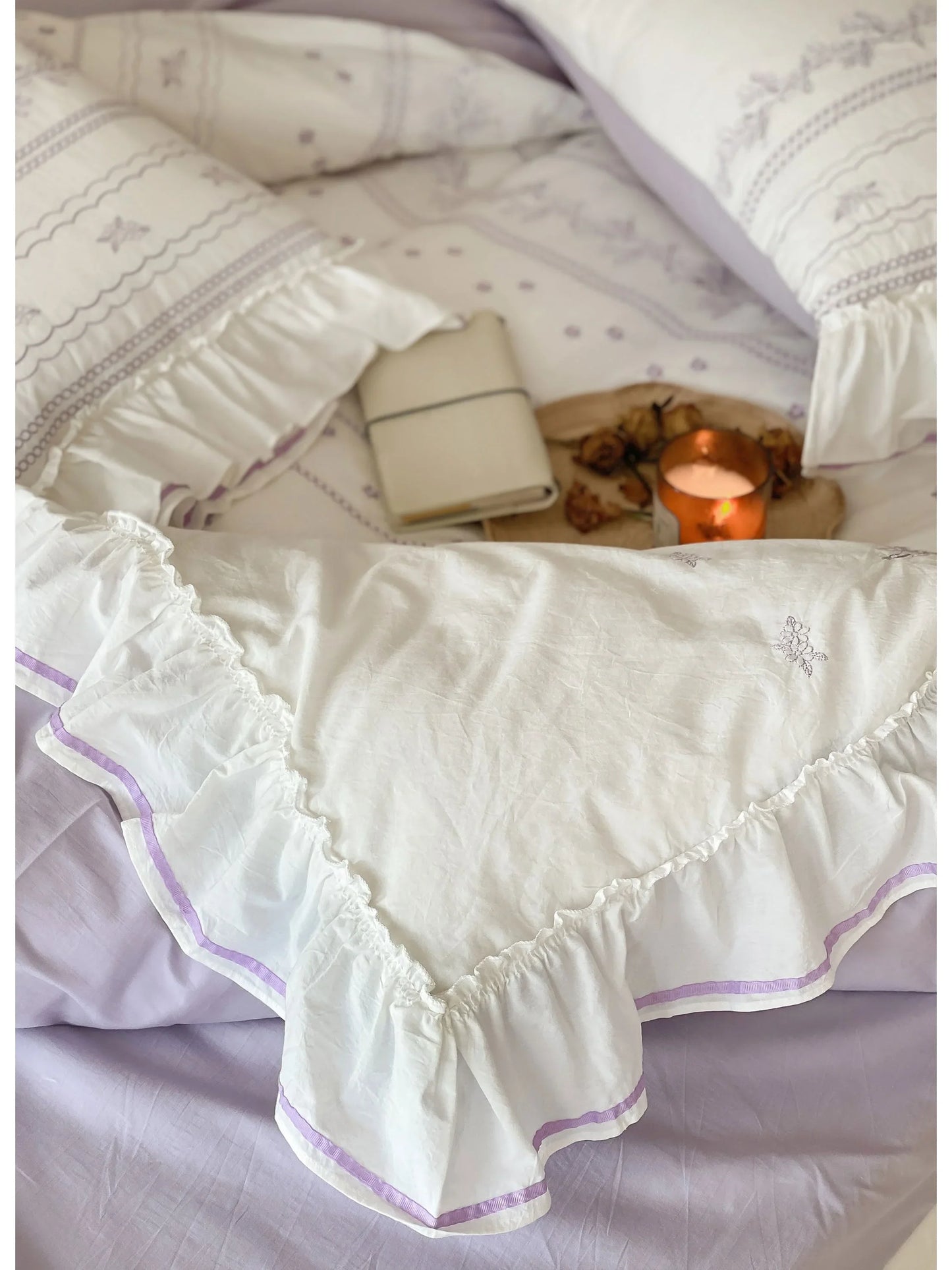 Ruffled Floral Vine Embroidered Cotton Bedding Set