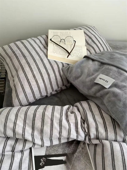 Plush Pinstripe Flannel Fleece Bedding Set