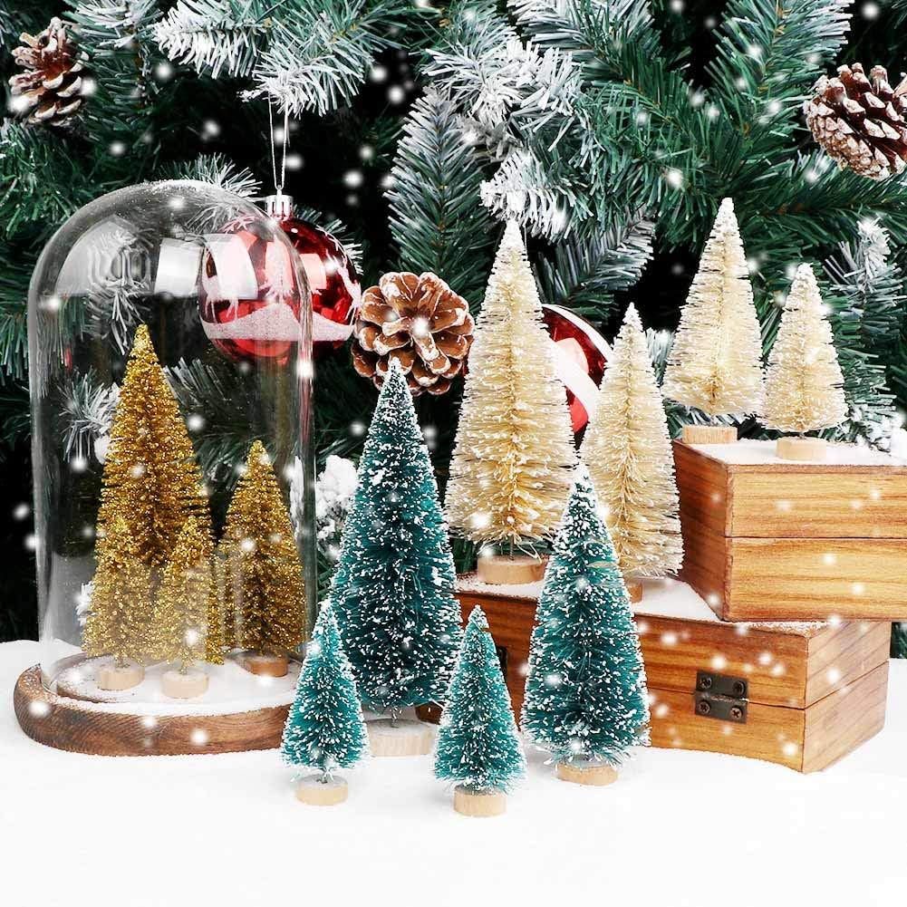 Aerwo 24PCS Mini Bottle Brush Christmas Trees with Wood Base, Small Sisal Trees for Tabletop Holiday Winter Decor Home & Kitchen Seasonal Décor Trees