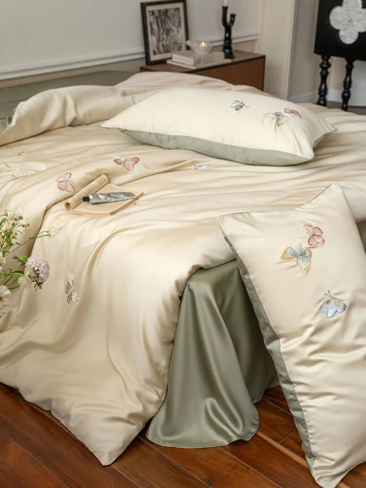 Silky Butterfly Embroidered Tencel Bedding Set