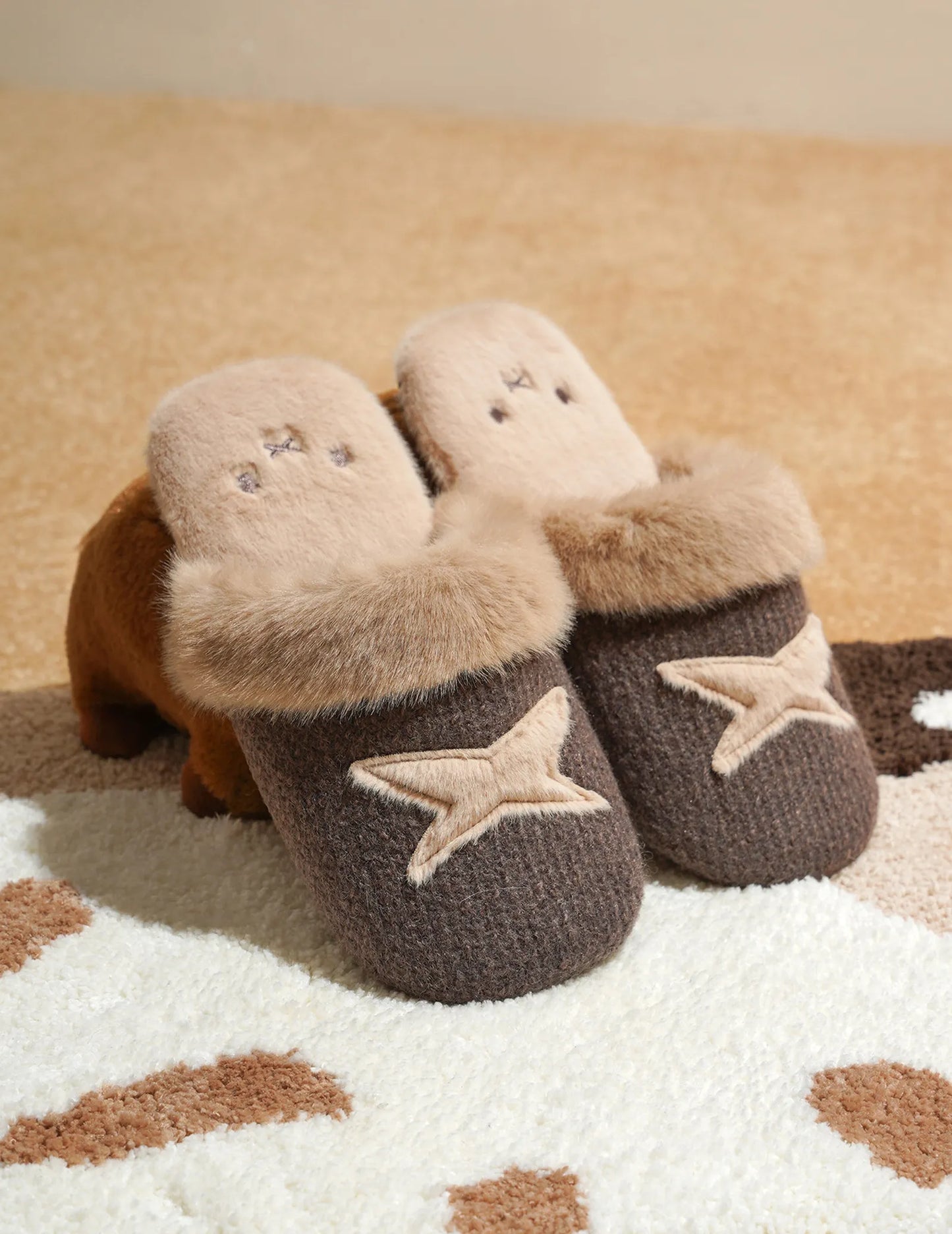 Fuzzy Embroidered Bunny Faux Fur House Slippers