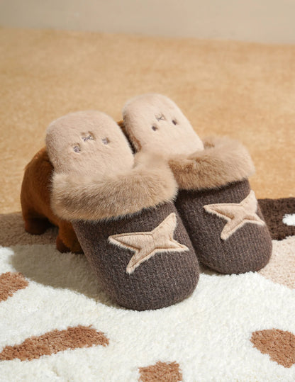 Fuzzy Embroidered Bunny Faux Fur House Slippers