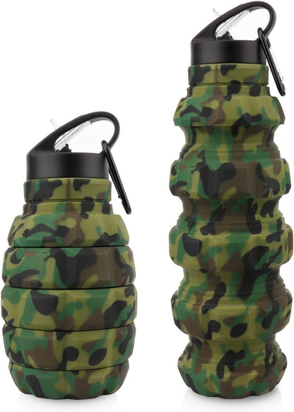 Collapsible Travel Water Bottle18Oz, Reuseable Silicone Foldable Water Bottles for Gym Camping Hiking, Portable Leak Proof Sports Water Bottle with Carabiner (Dark Gray Camouflage Cup) Sports & Outdoor Recreation Accessories Sports & Outdoors Sports Water Bottles