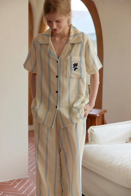 Cat Embroidered Striped Double Gauze Pajama