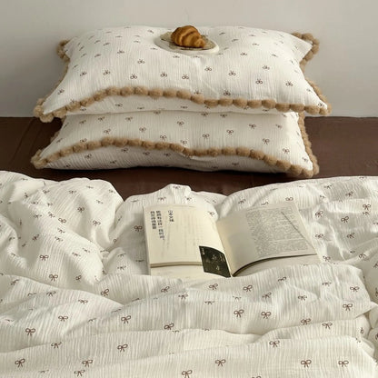 Pom Pom Trim Bow Print Washed Cotton Bedding Set