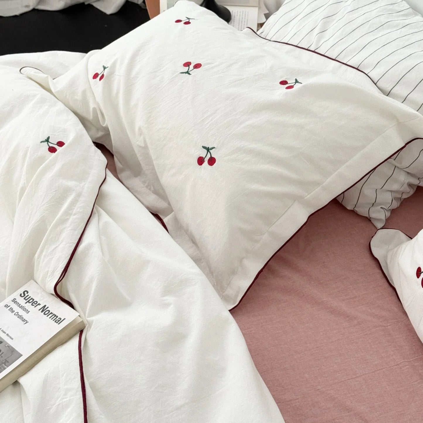 Soft Embroidered Cherry Washed Cotton Bedding Set