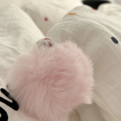 Soft Polka Dot Cotton Bedding Set with Pom Poms