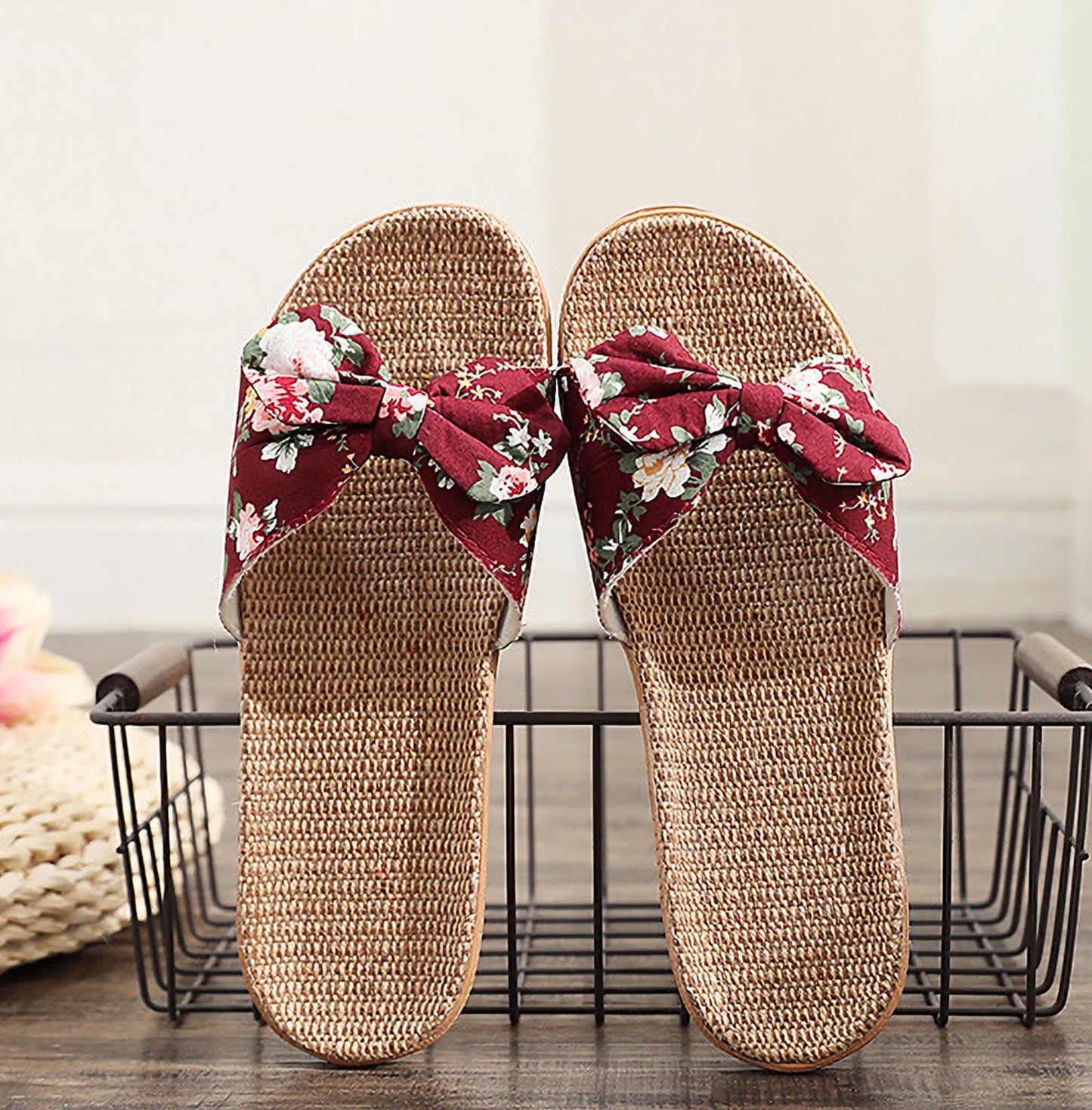 Woven Floral Bow Linen House Slippers