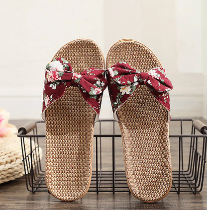 Woven Floral Bow Linen House Slippers