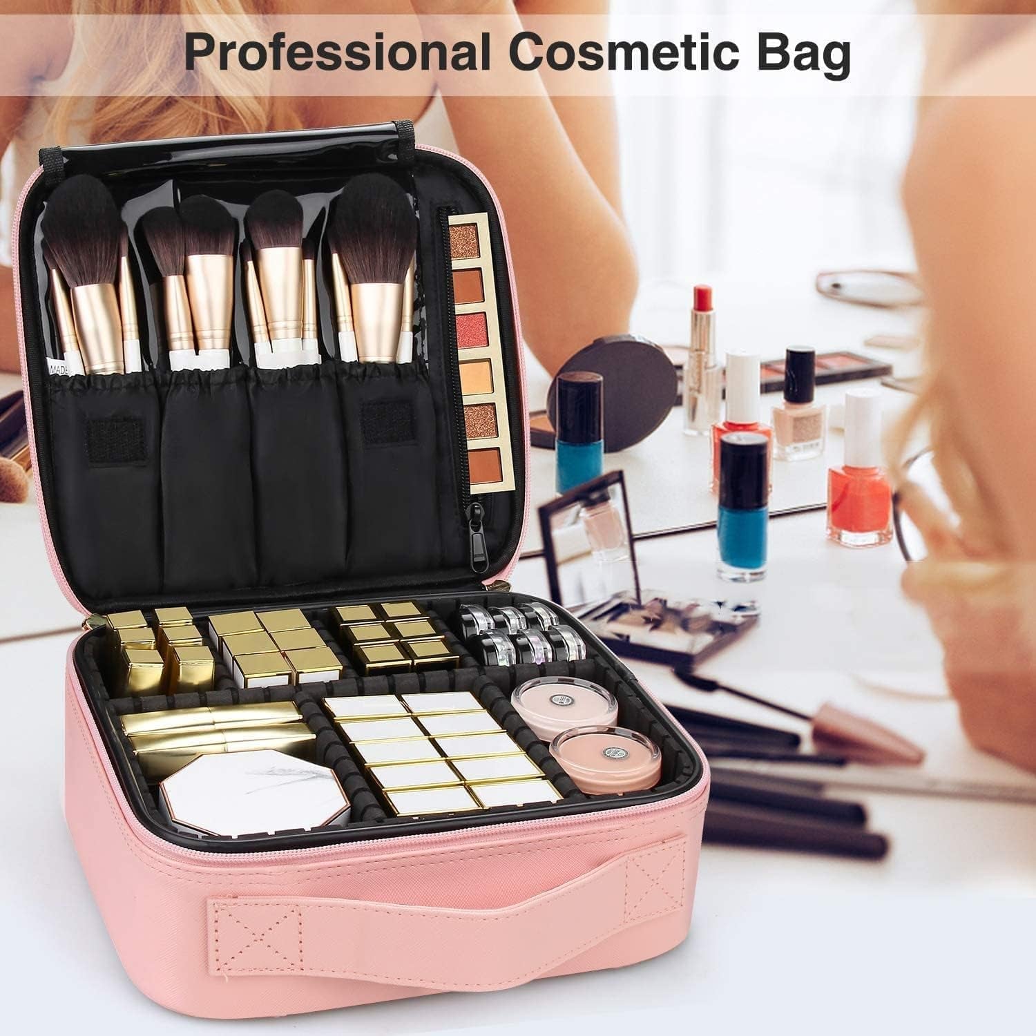 Travel Makeup Case, PU Leather Portable Organizer Makeup Train Case Makeup Bag Cosmetic Case with Adjustable Dividers for Cosmetics Makeup Brushes Women (Pink) Bags & Cases Beauty & Personal Care Tools & Accessories Train Cases