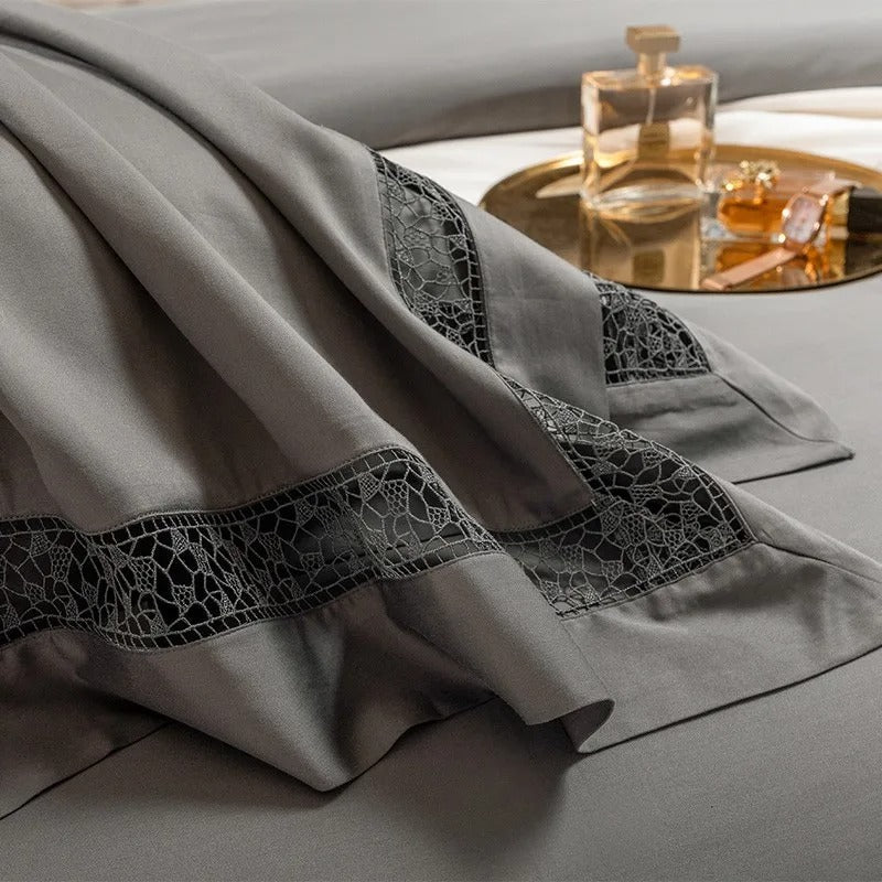 Elysium Grey Lace Luxury Egyptian Cotton Bedding Set