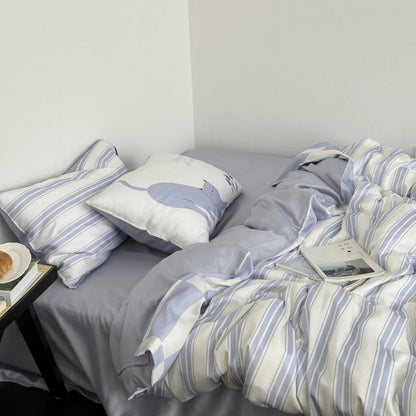Soft Cat & Stripe Washed Cotton Bedding Set