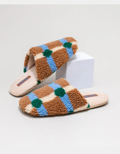 Fuzzy Plaid Sherpa House Slippers