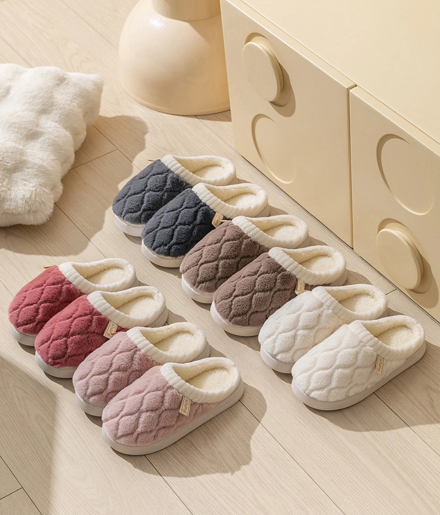 Plush Diamond Quilted Cotton House Slippers