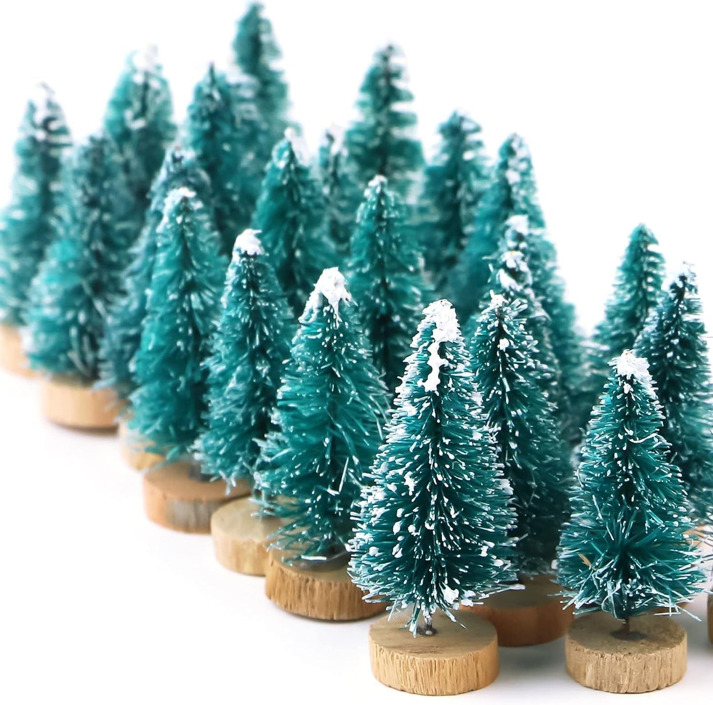 24Pcs Mini Pine Trees Frosted Sisal Trees with Wood Base Bottle Brush Trees Plastic Winter Snow Ornaments Tabletop Trees for Crafting, Displaying and Decoration (24 Pack) Hanging Ornaments Home & Kitchen Home Décor Accents Home Décor Products