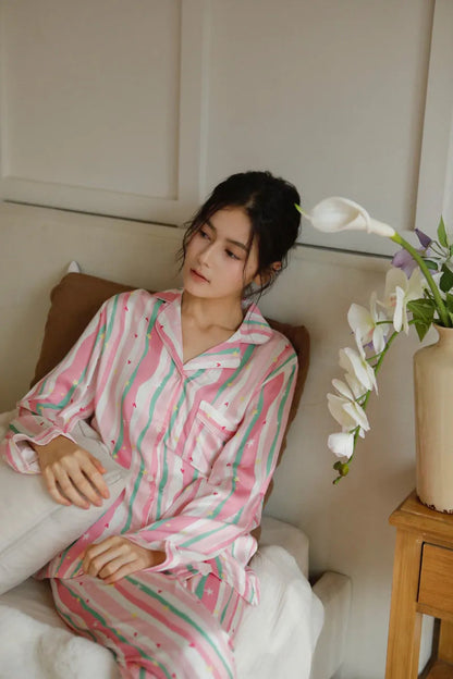 Silky Wavy Striped & Heart Print Cotton Sateen Pajama