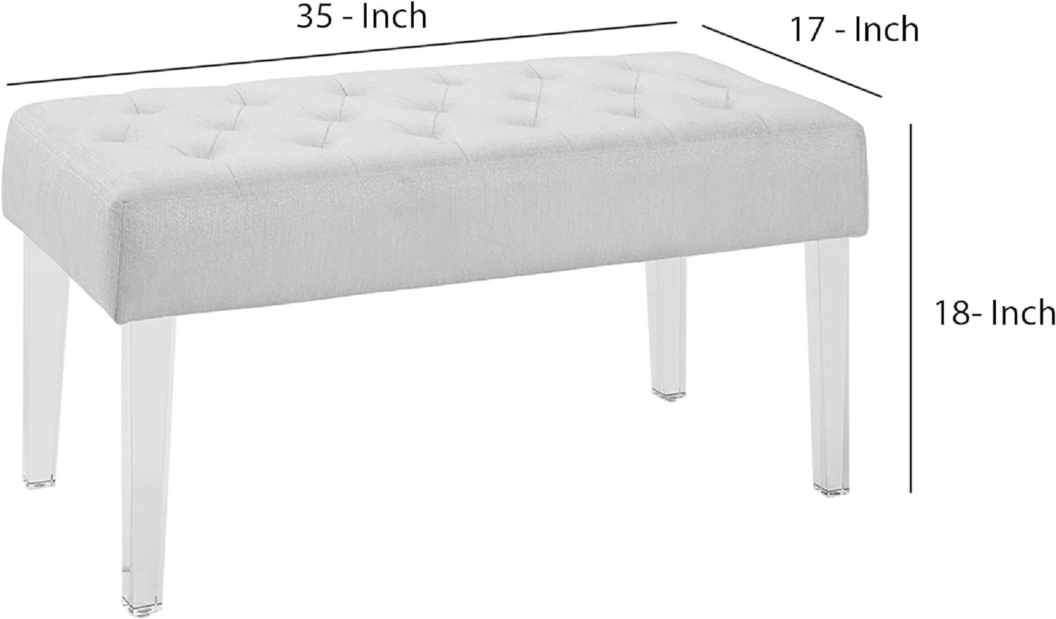 Benjara Tufted Fabric Upholstered Bench with Acrylic Legs, White and Clear Dining Room Furniture Furniture Home & Kitchen Table Benches