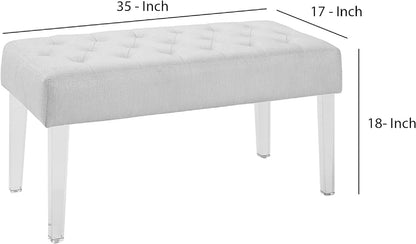 Benjara Tufted Fabric Upholstered Bench with Acrylic Legs, White and Clear Dining Room Furniture Furniture Home & Kitchen Table Benches