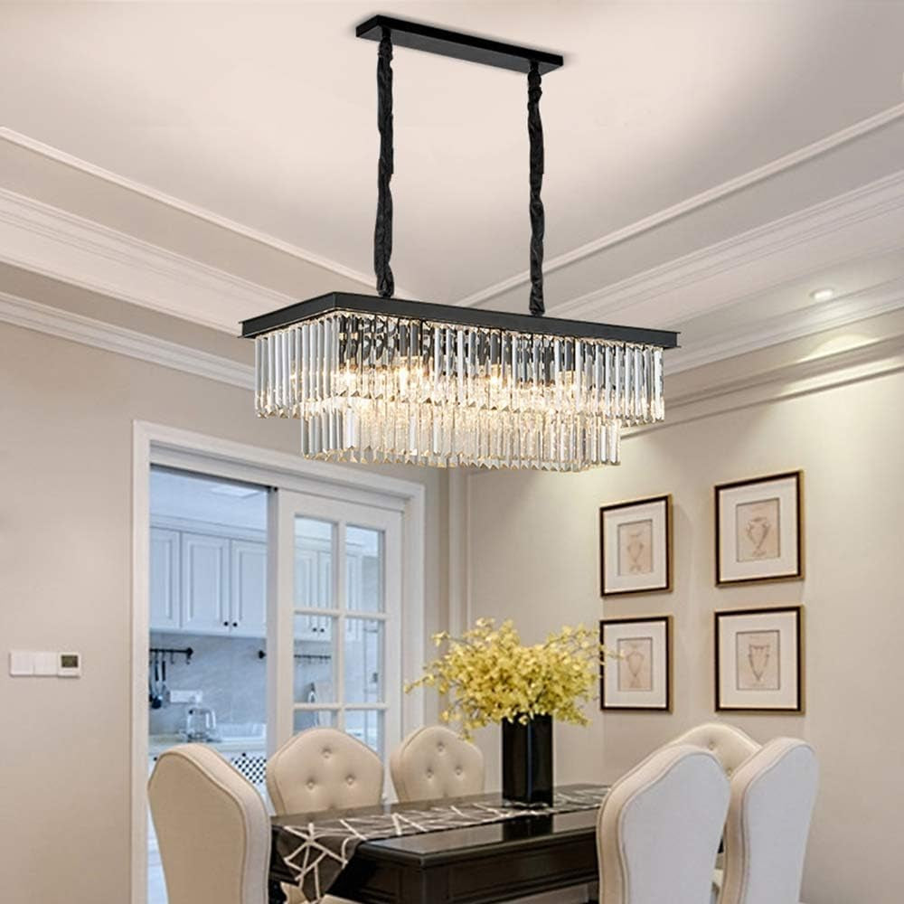 Modern K9 Crystal Chandelier Pendant Light Fixture, Rectangular Ceiling Lamp with 8-Lights for Dining Room & Kitchen, Finished in Chrome, L33.5 Inch Ceiling Lights Chandeliers Lighting & Ceiling Fans Tools & Home Improvement