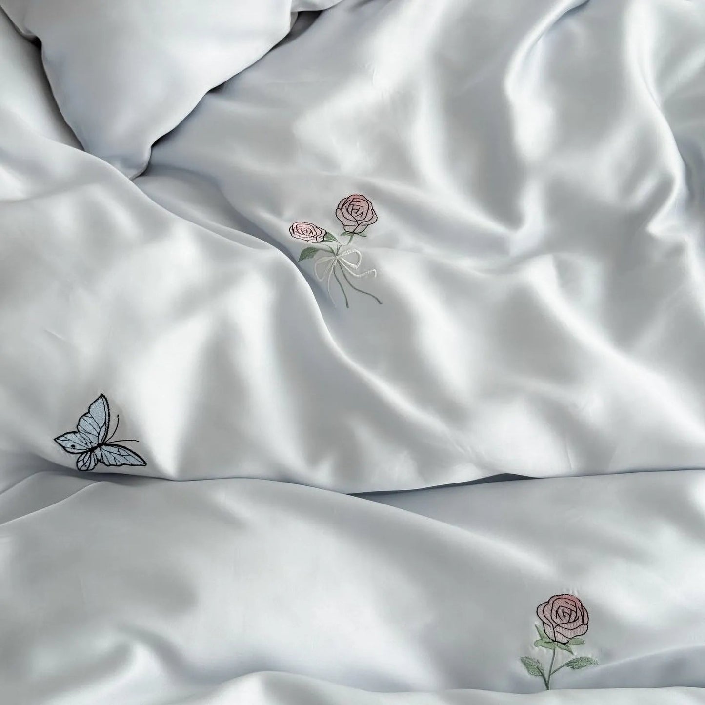 Silky Embroidered Butterfly & Rose Tencel Bedding Set