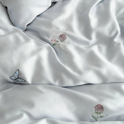 Silky Embroidered Butterfly & Rose Tencel Bedding Set